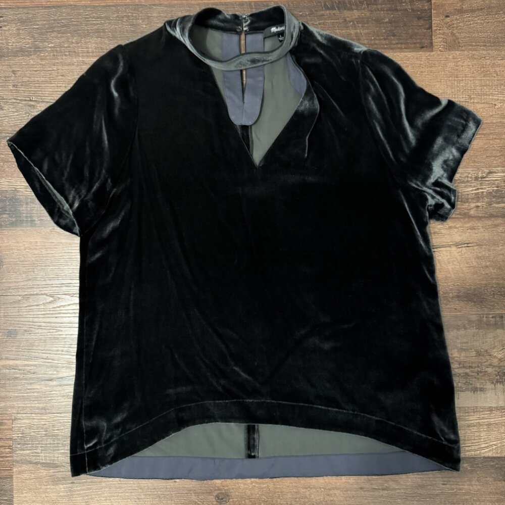 Madewell Dark Green Velvet Choker V-Neck Blouse L